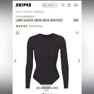 NEW - Skims Crew Neck Long Sleeve Bodysuit in Onyx S/M